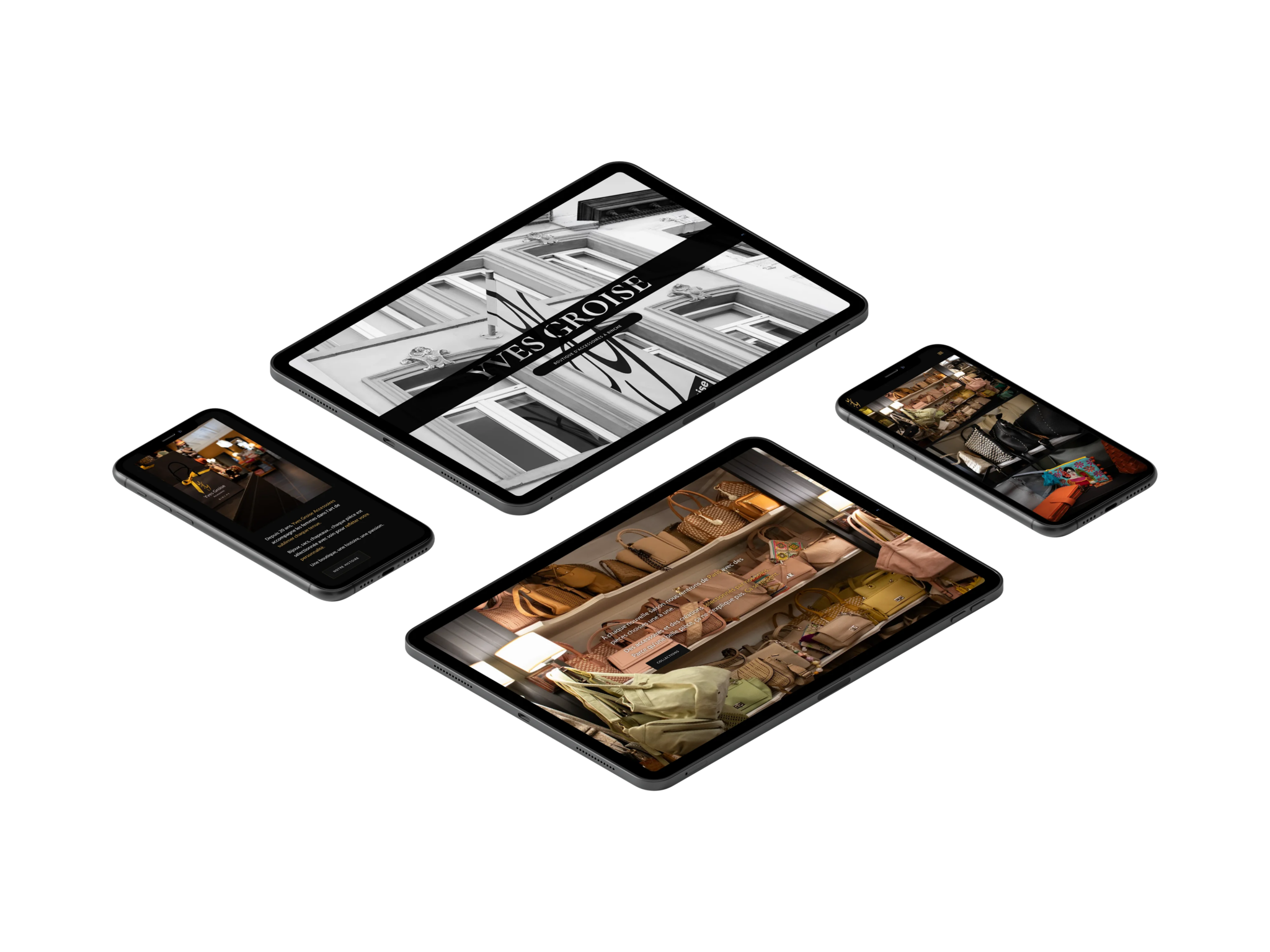 Présentation responsive sur tablette iPad et smartphone iPhone du site web Yves Groise Accessoires.