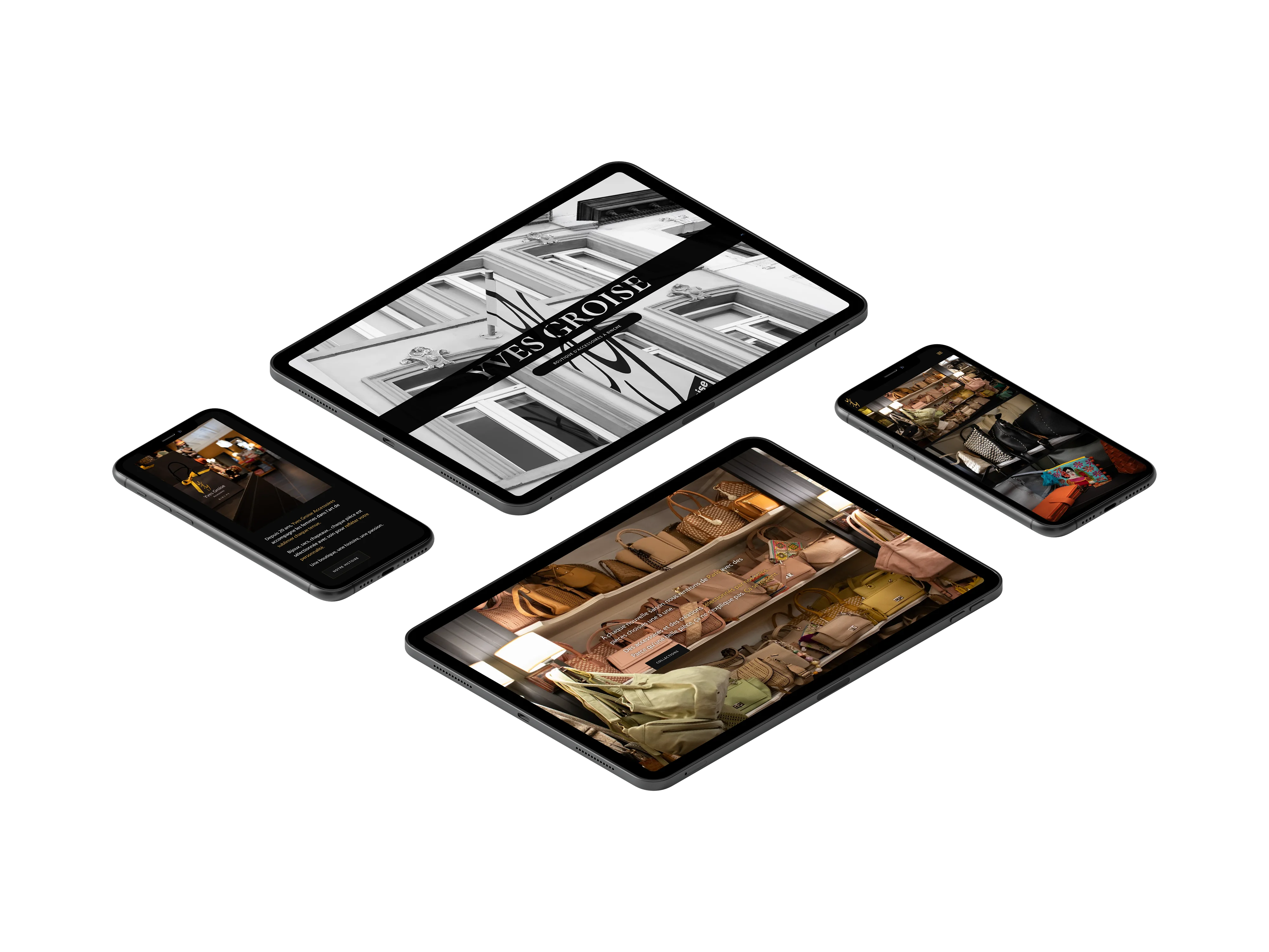 Présentation responsive sur tablette iPad et smartphone iPhone du site web Yves Groise Accessoires.