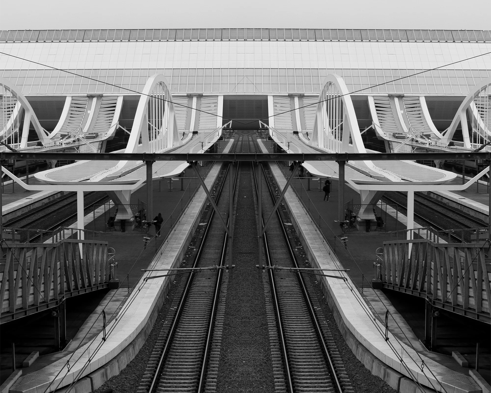 Vue symétrique en contre-plongée de l'architecture de la gare de Mons, conçue par Calatrava.
