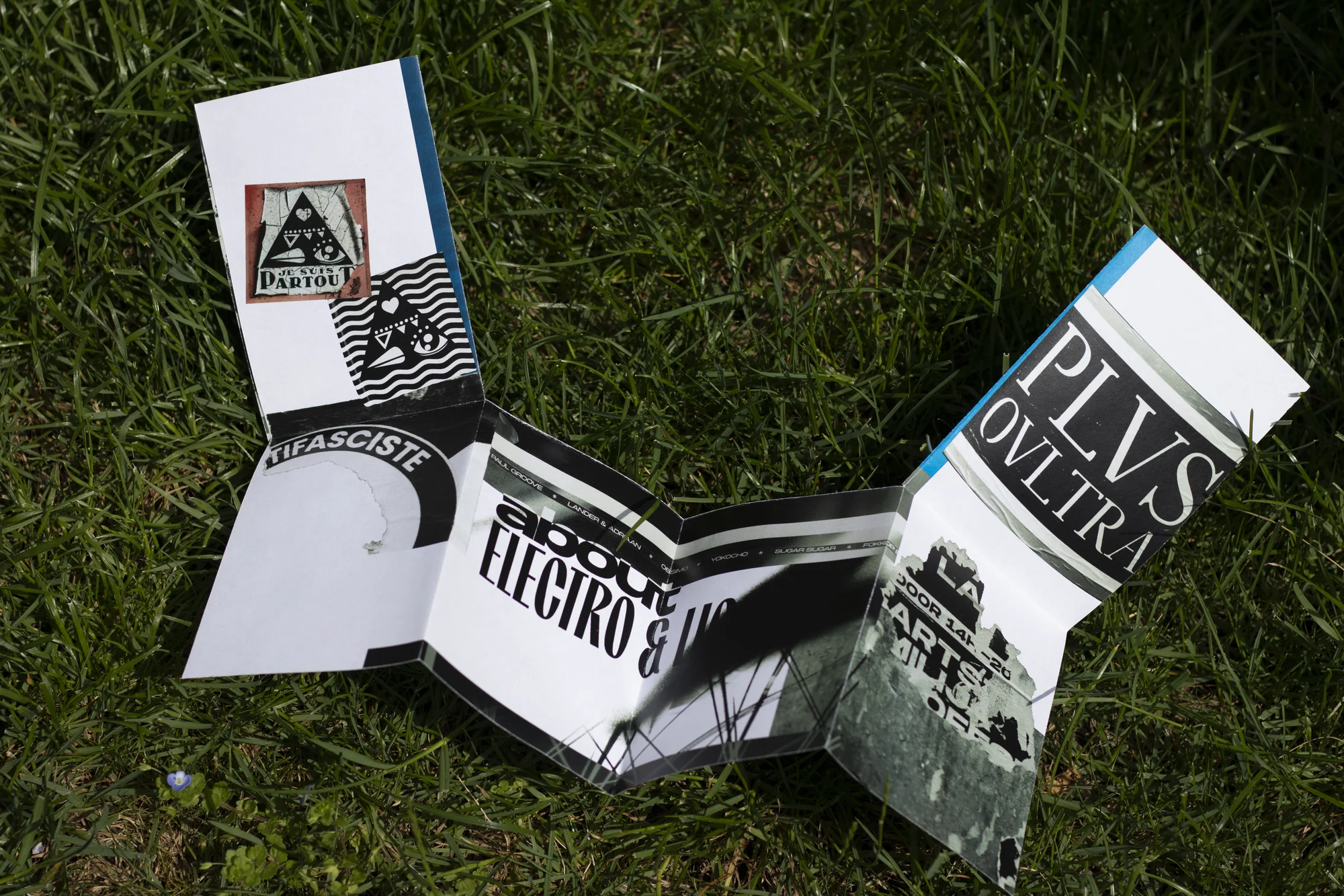 Mise en page destructurée du fanzine J'EXISTE, avec des typographies contrastées et des textures photographiques de la rue.