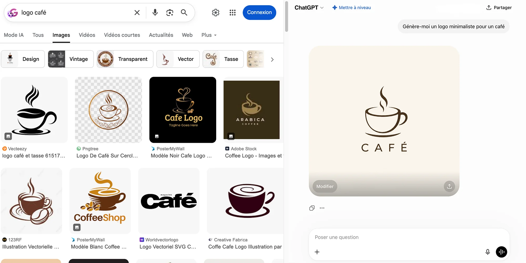Comparaison d'une recherche Google "logo café" et d'un prompt ChatGPT "Génère-moi un logo minimaliste pour un café". Les premiers résultats sont très similaires.